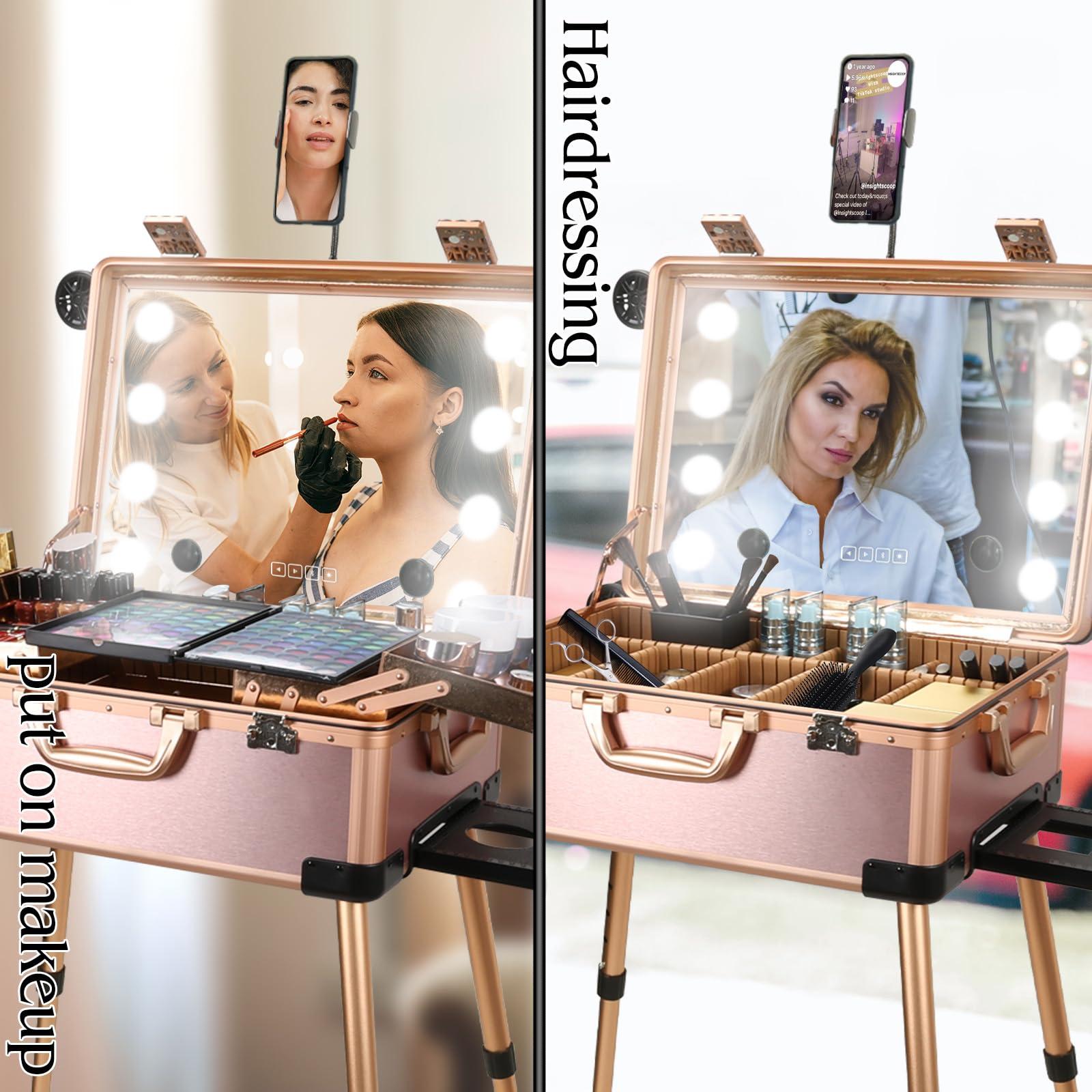 RUKEJUNE RUKEJUNE Rolling Makeup Case with LED Light Mirror Adjustable Legs Lockable Train Table Studio Artist Cosmetic Carry-on Size Rose Gold