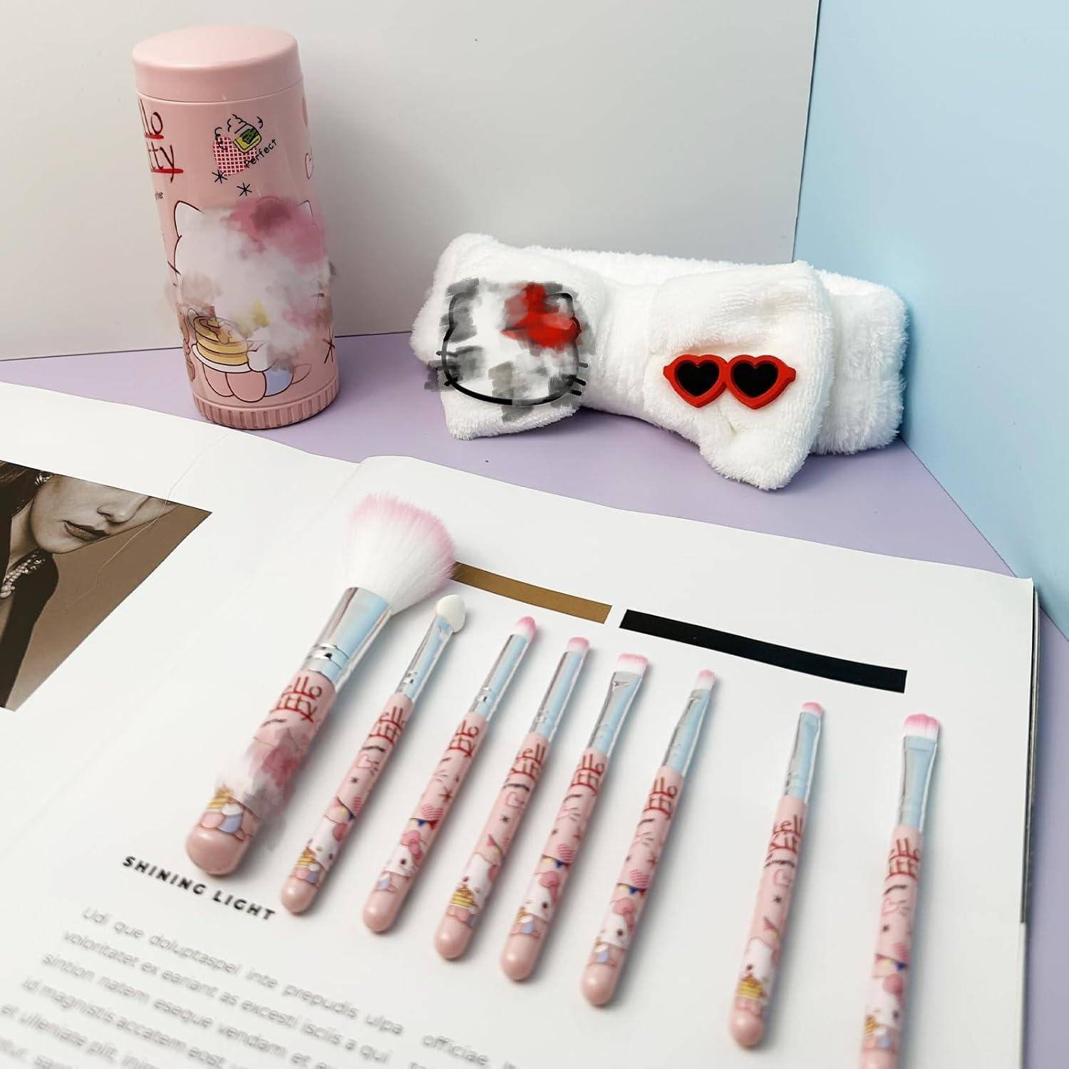 Holymid Kawaii Kitty 8PCS Makeup Brush with Storage Bucket and Headband, Cartoon Cat Cosmetic Makeup Brush Set Professional Tool Kit Set Brush Set Best Gift for Girl Women