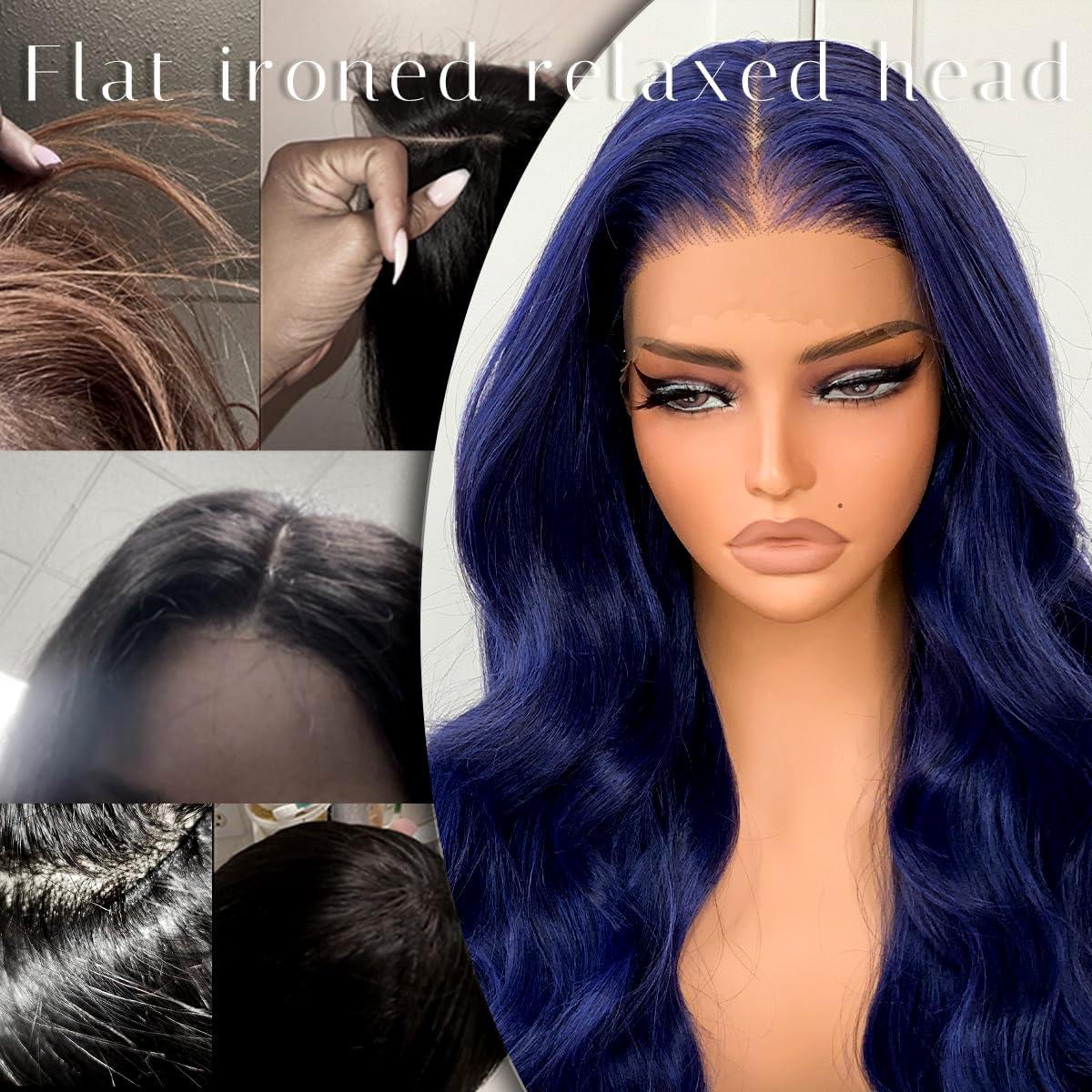 BlackSwern BlackSwern Dark Blue Wig 13x6 Synthetic Lace Front Wig,HD Lace Pre-Plucked Navy Blue Lace Frontal Wig,26inch Body Wave Wigs 200 Density,Pre-Plucked PLUS 1.5Hairline+ Flat Iron Relaxed Free Part