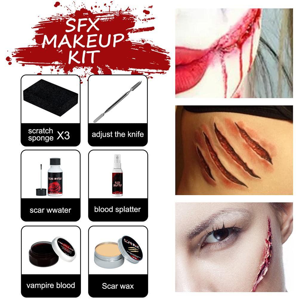 ICRPSTU Halloween Special Effects SFX Makeup Kit for Zombie Vampire Skin Wax Fake Blood Gel Scar Water Fake Blood Spray Sponge Silver Scraper for Halloween Cosplay (Set 1: Halloween