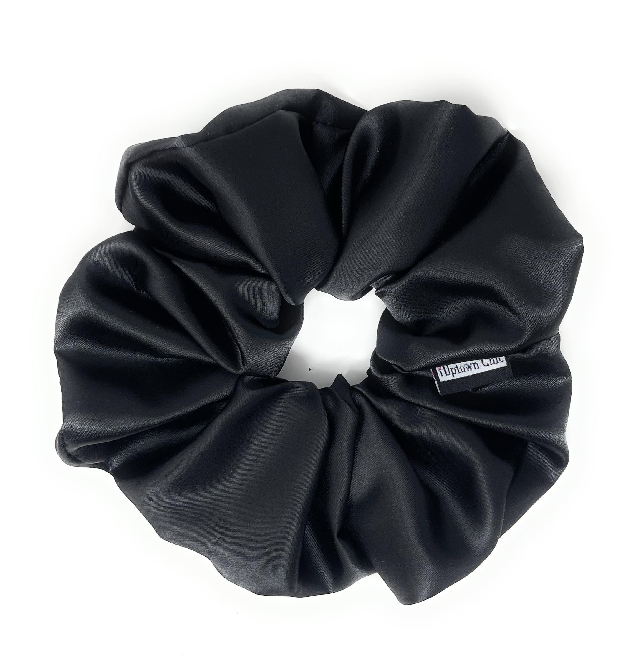 IUPTOWN CHIC Jumbo XL Luxury Silk Charmeuse Scrunchies for Women Girls, Frizz Prevention, Sleep Hair Holder Scrunchy, Large Elastic Ties Band for Ponytail Bun, Hair Ties for Breakage Prevention (Black)