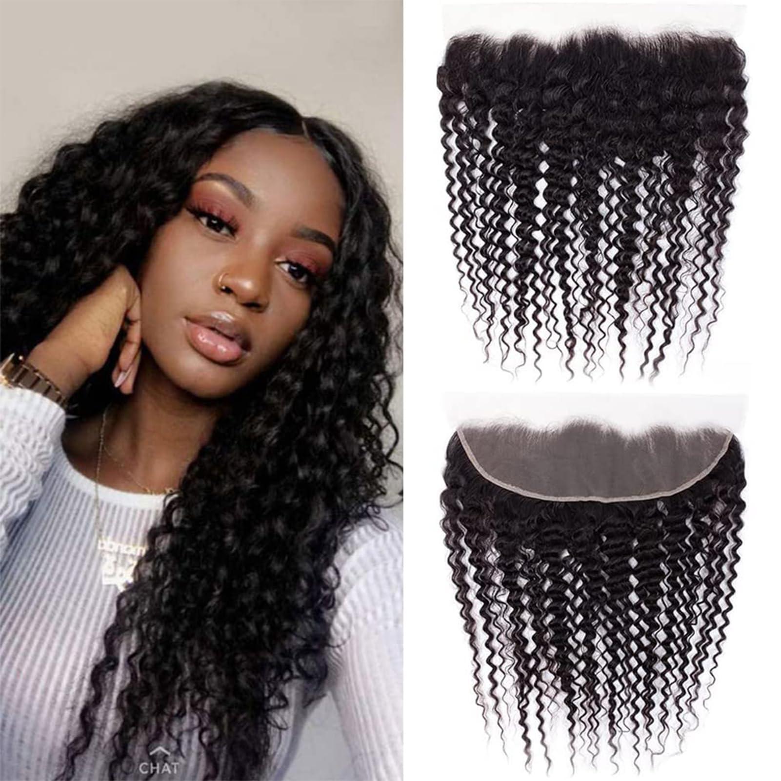 ROYAL IMPRESSION Deep Wave Ear To Ear 13x4 HD Lace Frontal Closure 100% Unprocessed Brazilian Virgin Human Hair Swiss Lace Frontal Closure 180% Density Brazilian Deep Curly Frontal Closures Natural Color (22 Inch)
