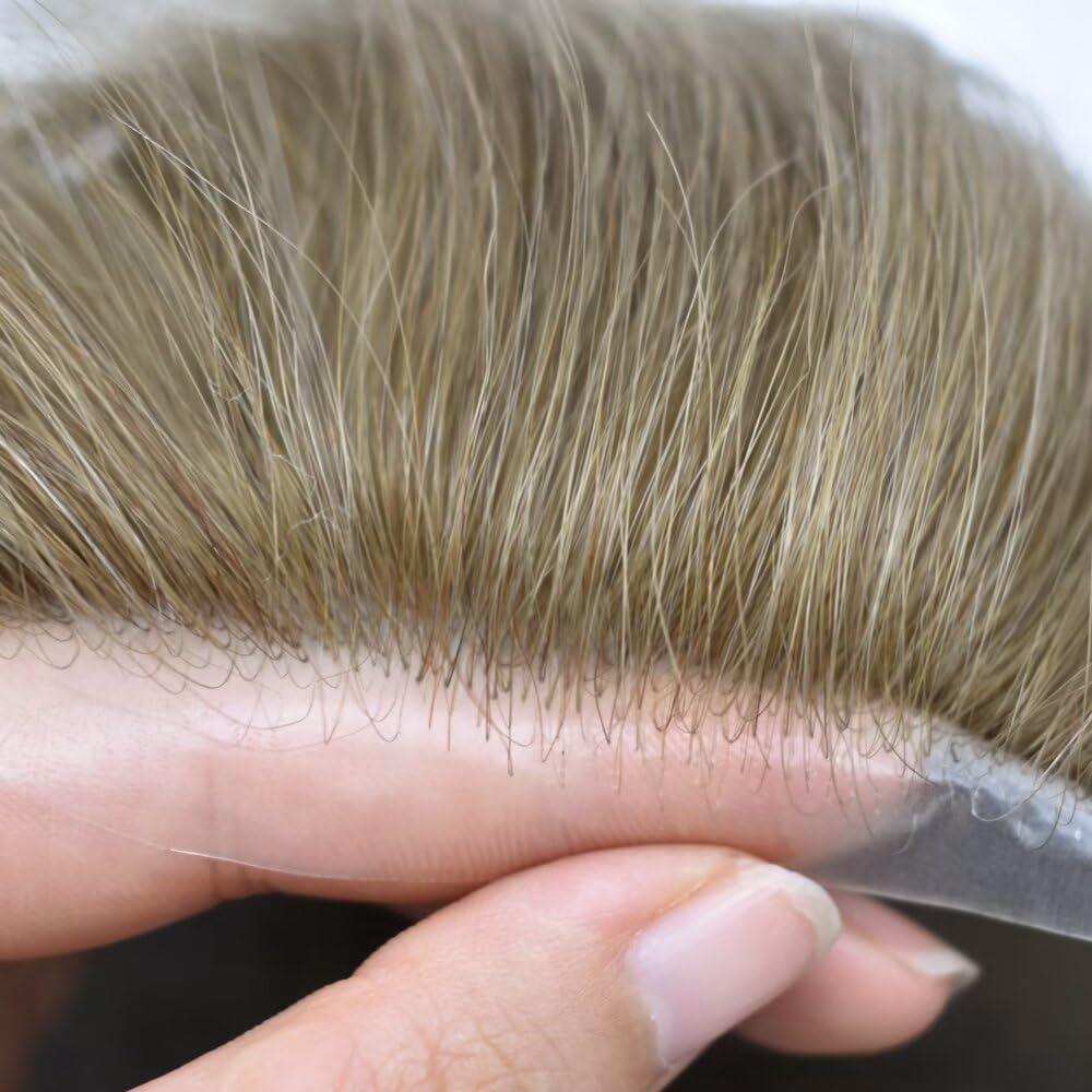 FANCYHAIR PU Mens Toupee European Human Hairpiece 0.04mm Ultra Thin Skin Toupee for Men 8X10 Man Hair System Hair Units Replacement (8\"X10\", 2020 20# LIGHT ASH BLONDE WITH 20% SYNTHETIC GRYE)