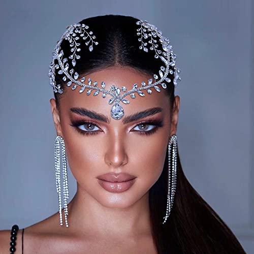 Generic Rannyrena Bridal Rhinestone Headband with Side Combs Sparkling Crystal Forehead Teardrop Head Chain Wedding Hair Accessories for Women (Silver)