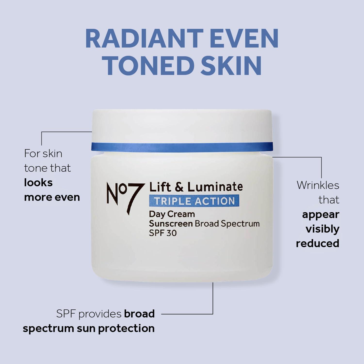No7 No7 Lift & Luminate Triple Action Skincare Set - Broad Spectrum Anti Aging Day Cream SPF 30 + Vitamin C Wrinkle Serum + Collagen Peptide Brightening Night Cream (3 Piece Kit)