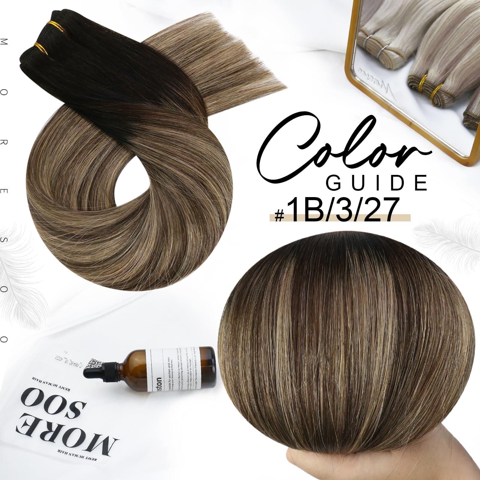 Moresoo Moresoo Clip in Hair Extensions Balayage Black to Dark Brown with Caramel Blonde 5 Pieces 70G 14inch and Sew in Hair Extensions Real Human Hair 100G 16Inch Bundle