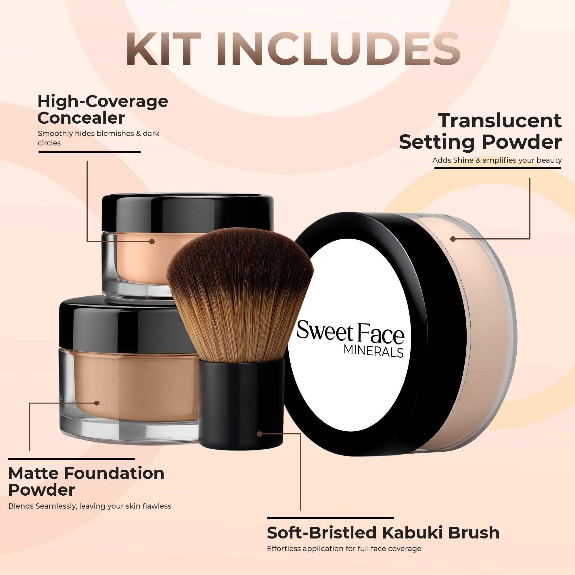 Sweet Face Minerals 4pc Full Size Kit (Cocoa) Mineral Makeup Matte Translucent Loose Foundation + Kabuki Brush + Concealer + Finishing Setting Powder + Bare Face Full Coverage SPF 30 All Skin Types Waterproof