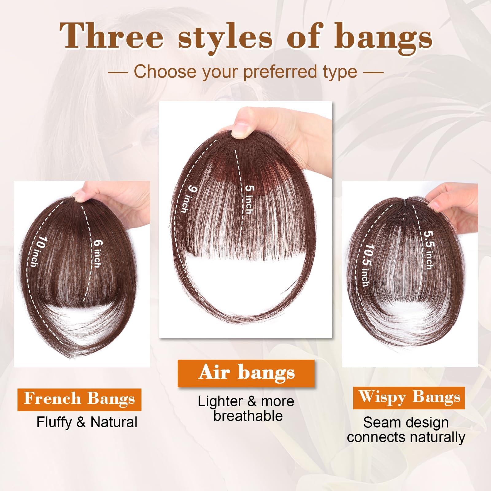QGZ QGZ Clip in Bangs-Fake Bangs Hair Clip Fringe with Temples Hairpieces 100% Real Human Hair Extensions Curved Clip On Bangs for Women(Dark Auburn Brown Air Bangs)