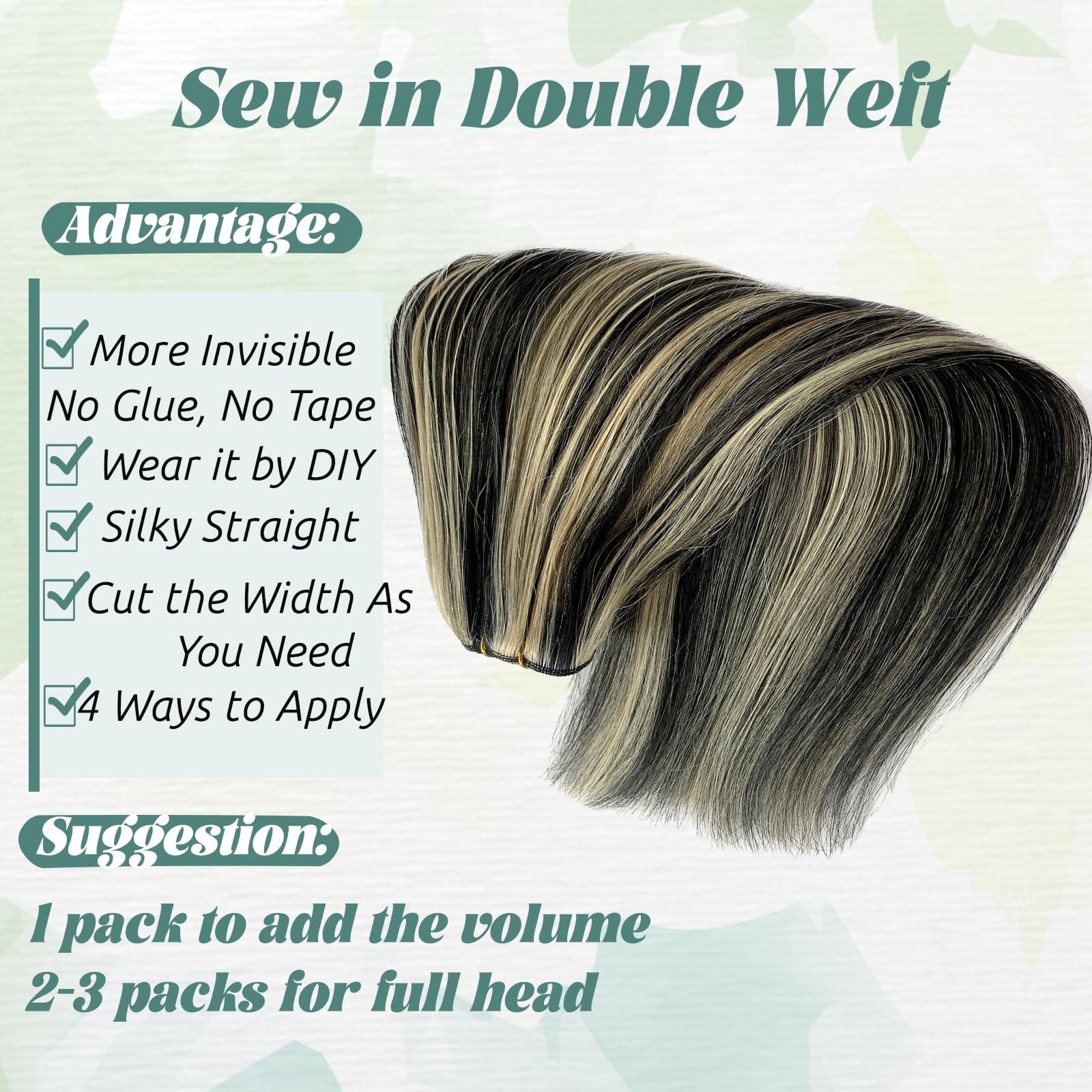 Smavida Weft Hair Extensions Human Hair, Balayage Natural Black to Blonde Sew in Remy Hair Extensions Human Hair for Women Sew in Extensions Human Hair Straight Bundles Double Weft Silky Soft Hair 120G
