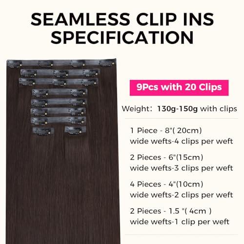 Lashey Lashey Seamless Clip in Hair Extensions Human Hair 130g 9pcs #2 Dark Brown Straight 14 Inch Clip in Hair Extensions for Women Hair Extensions with PU Soft Invisi Edge