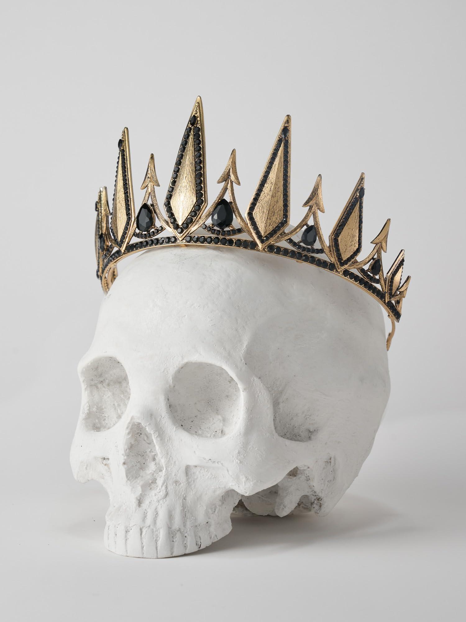 SWEETV SWEETV Gothic Crowns for Women Black Tiara Queen Crown Witch Hair Accessories for Costume Halloween Prom Party Gold