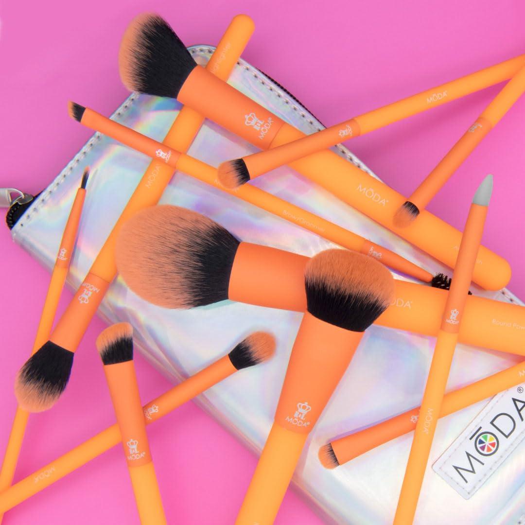 MODA MODA Totally Electric 13pc Full Face Makeup Brush Set, Includes - Powder, Complexion, Blush, Shader, Smudger & Crease Brushes with Zip Case (Neon Orange)