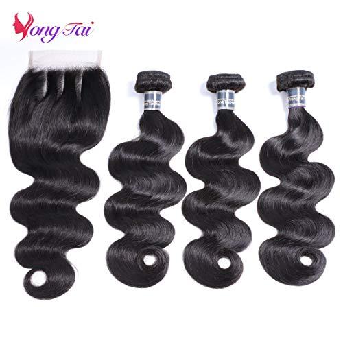 Yuyongtai Brazilian Body Wave 3 Bundles with Closure (20 22 24 +18, 3 Part) 100% Unprocessed Brazilian Virgin Body Wave Human Hair Bundles with 4x4 Lace Closure 1B Color