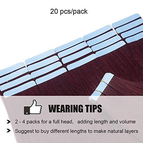 Hairro Hairro Tape In Real Human hair Extension Glue In Skin Weft Hair Extensions Rooted Tape in Remy Hair Seamless Invisible Double Sided Tape Human Hair Extensions For Women 20 inch 30g 20pcs #99J Wine Red