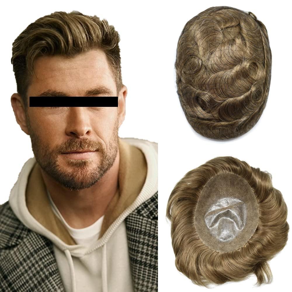 Generic Toupee For Men Hair Piece Real Human Hair Replacement System Full Poly Skin Mens Toupee Hairpieces Men Hair Prosthesis Units Protesis Capilar8X10Medium light density#1840 18# MEDIUM BLONDE+40% GREY