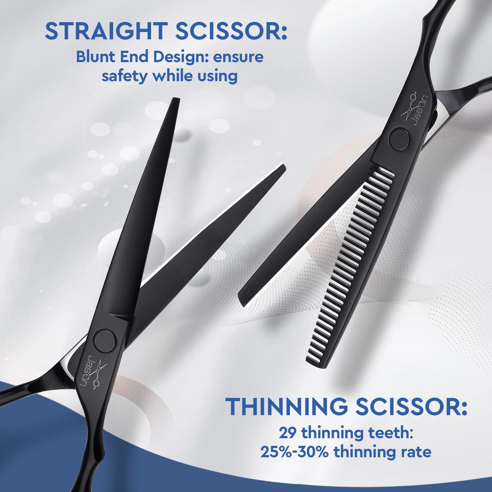 JASON JASON Hair Cutting Scissors Set - Professional 10 PCS Haircut Scissors kit, Thinning Blender Scissors, Straight Shears with 30 Teeth for Men Women Home Salon Barber (6.5\", Black)