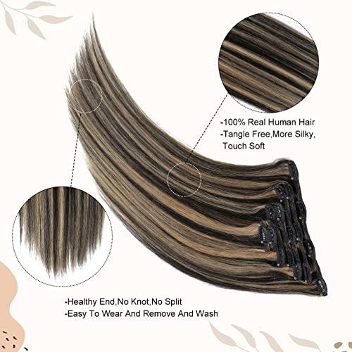 Asteria Asteria Hair Clip in Extensions Human Hair Full Head Ombre Natural Black Fading to Honey Blonde Real Hair Extensions Clip in Human Hair Highlights Straight Clip Ins For Women 7 Pcs 120g 20 Inch
