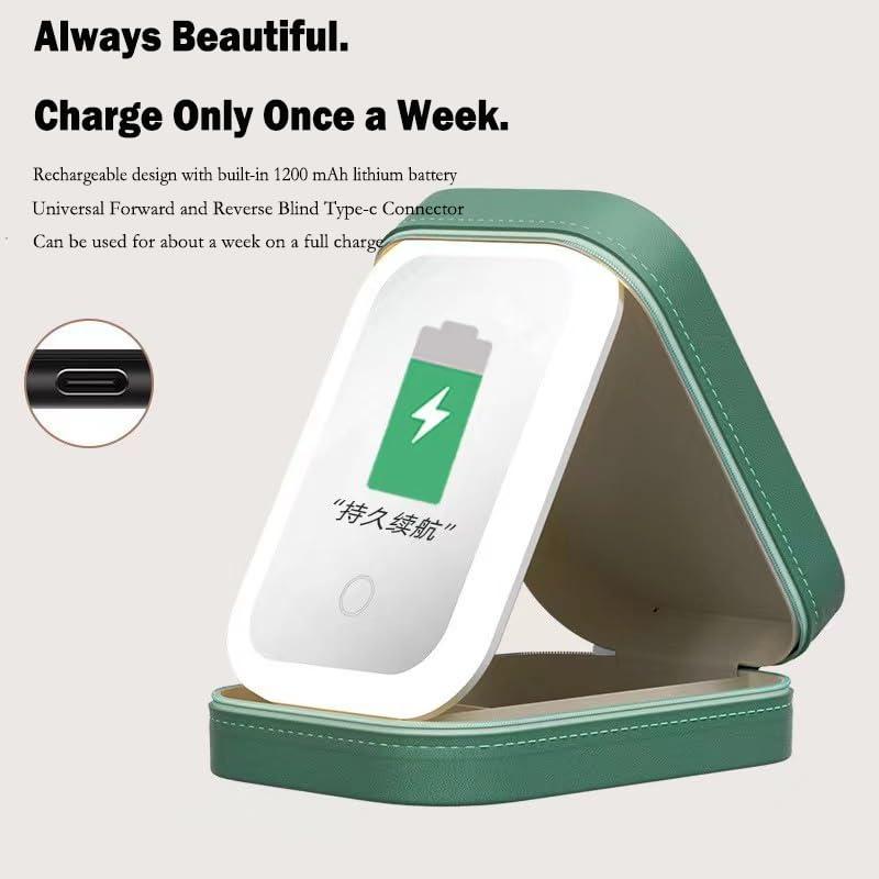 AZUNGME AZUNGME LED Three-Color Adjustable Makeup Mirror, Rechargeable Lighted Makeup Mirror, LED Vanity Mirror Jewelry Box, Portable Cosmetics Case, Travel Makeup Bag with LED Mirror(Green)