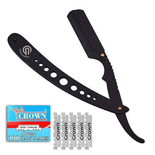 QURESHI KNIFES QURESHI KNIFES Stainless Steel Men Straight Edge Razor - Professional Barber Razor for Men - Includes 100 Blades - Men Straight Razor for Beard - Straight Single Edge Razor for Barber Equipment (Black