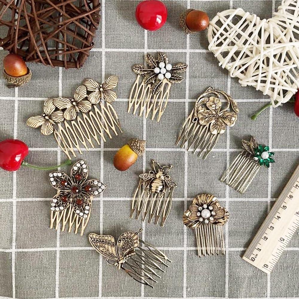 INLAZTIM 8 Pack Vintage Hair Side Combs for Women Decorative, INLAZYTIM Retro Gold Pearl Rhinestone Metal Hair Comb Clips with Teeth Grip Crystal Bridal Hair Piece Pins for Wedding Accessories