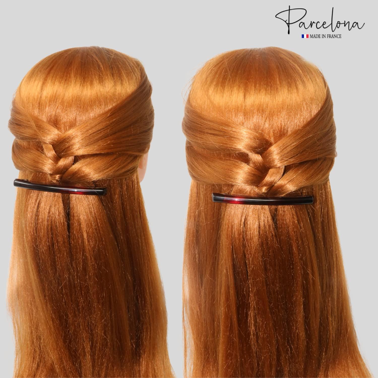 Parcelona Parcelona French Long Narrow Large Celluloid Set of 2 Acetate No Slip Automatic Hair Clips Strong Hold Hair Barrette for Women and Girls, Made in France (Tortoise Shell-Black)