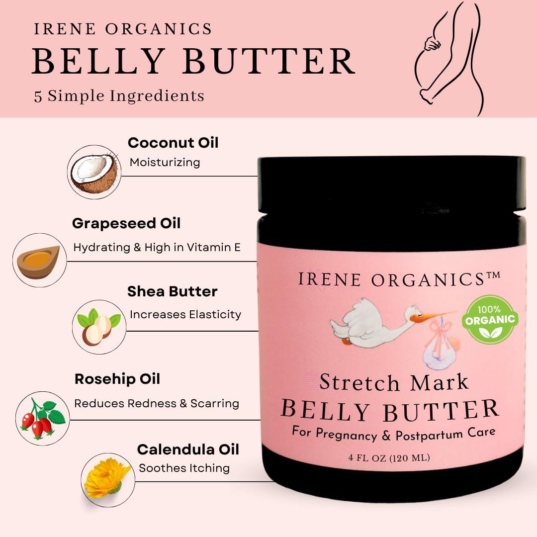 Irene Organics Irene Organics Organic Belly Butter for Pregnancy Stretch Mark Prevention and Treatment Award Winning Anti Stretch Mark Tummy Balm For Pregnancy and Postpartum 8oz - Hydrating Bump Cream