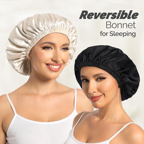 Hat Hut Hat Hut Satin Bonnet Silk Bonnet for Sleeping Hair Bonnet for Sleeping Cap for Curly Hair Wrap Reversible Satin Bonnet (Champagne/Black)
