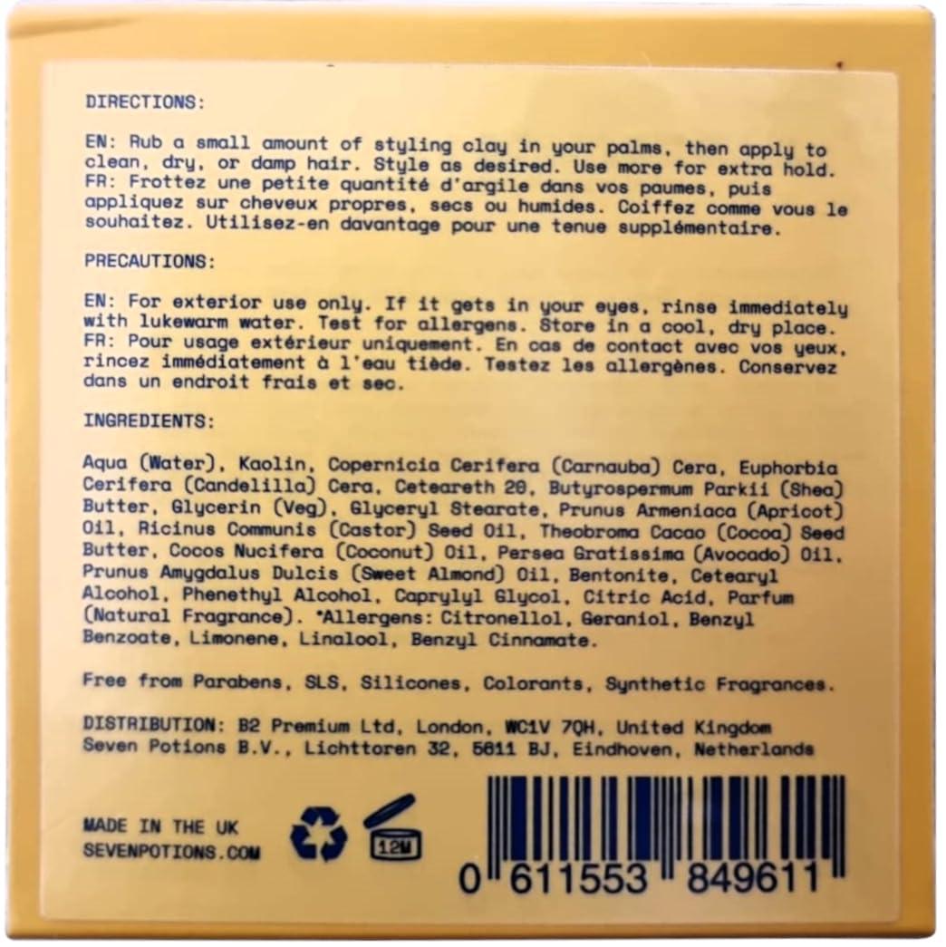 SEVEN POTIONS SEVEN POTIONS Hair Clay For Men and Women 3.4 fl oz - High Hold Matte Pomade - Effortless Hair Styling Product That Leaves No Residue - Water Based - Natural, Vegan, Cruelty Free