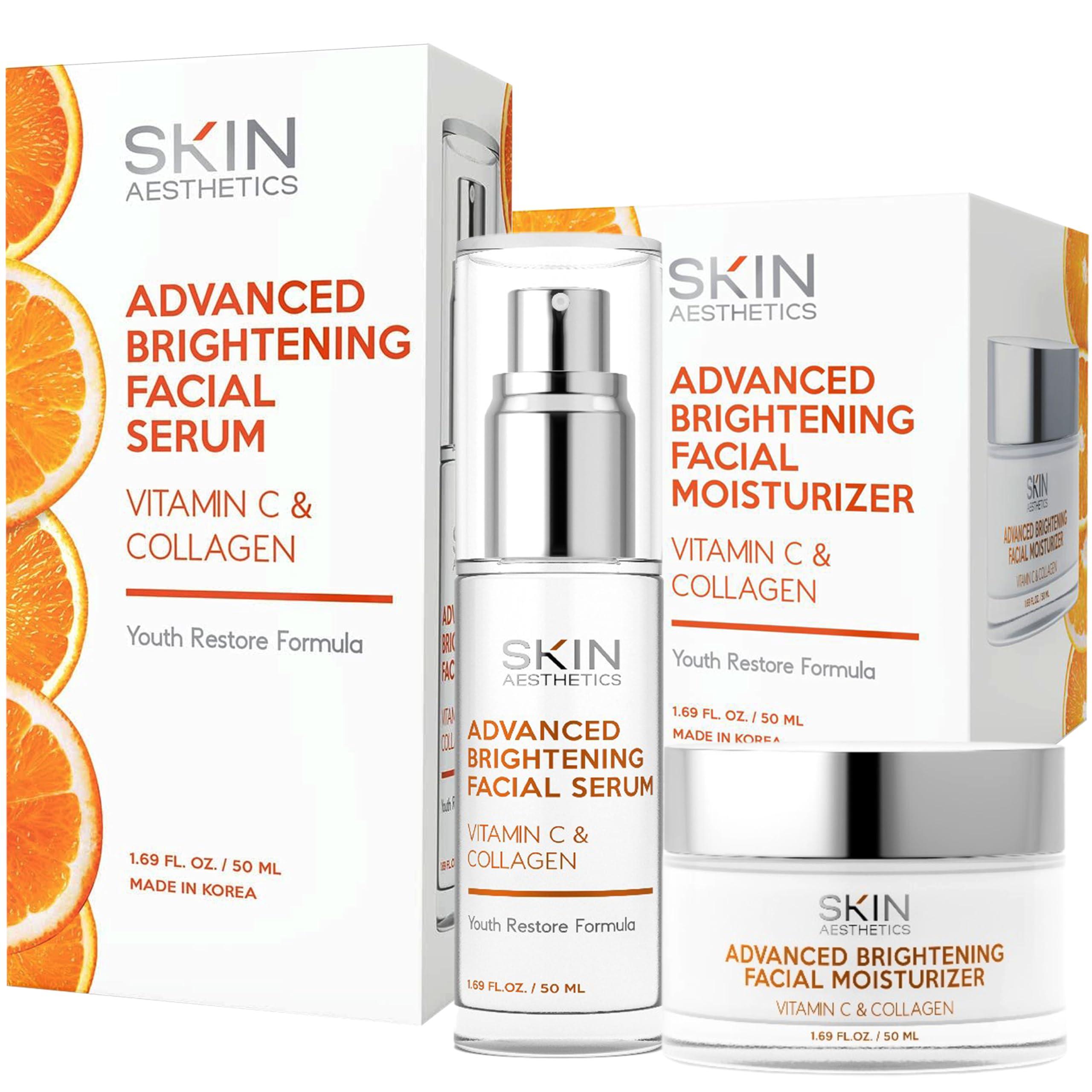 Skin Aesthetics Skin Aesthetics Vitamin C & Collagen Serum + Day Cream Set - Dark Spots & Brightening, Anti-Aging & Acne Scar Treatment - Dermatologist Tested Korean Skincare - Clean Beauty, Cruelty-Free - 1.69 oz