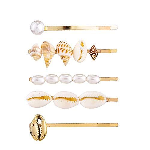 Doubnine Doubnine Hair Clips 5PCS Gold Mermaid Shell Cowrie Freshwater Bangs Clips Beach Headpiece Wedding Hair Accesories