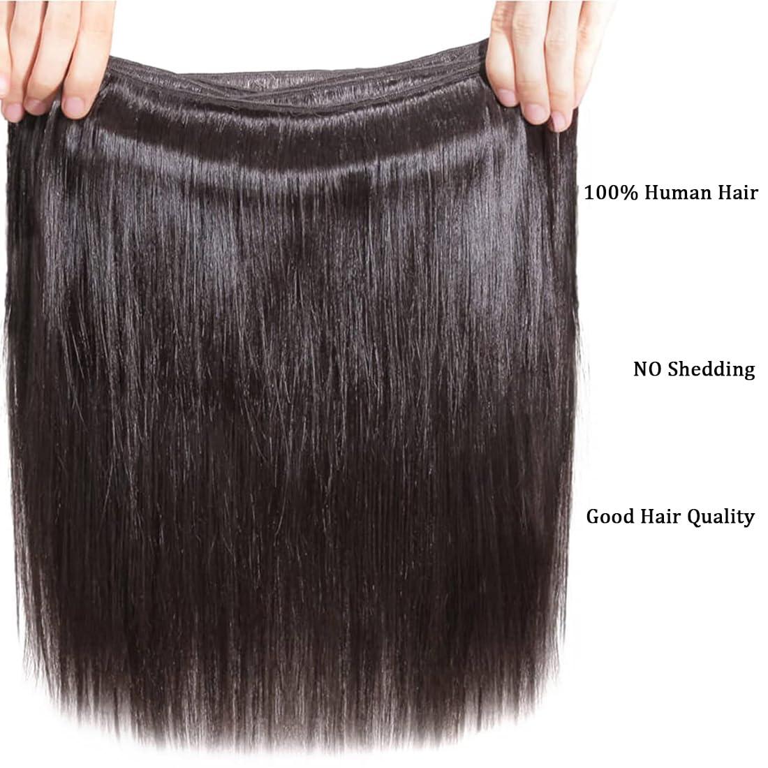 Eubeauty Straight Human Hair Bundles 16 16 inch 2 Bundles Human Hair 100% Unprocessed Brazilian virgin 12a Hair Natural Black Color 200G Per Pack