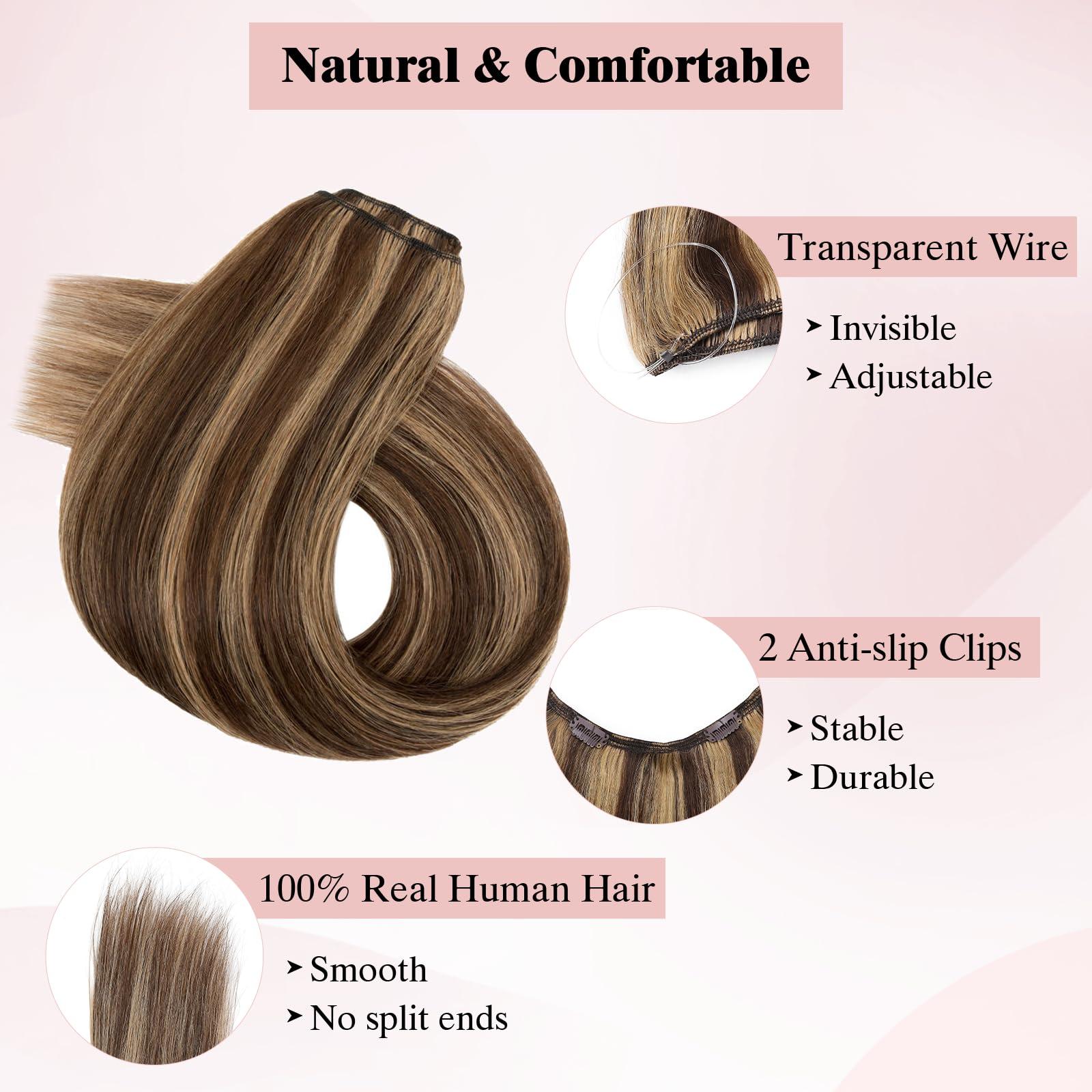 SEGO Halo Hair Extensions Human Hair, SEGO 100% Real Human Hair Extensions Halo, Wire Hair Extensions with Invisible Wire and Clips, Halo Hair Extension for Women, 20Inch Medium Brown Mixed Dark Blonde,70g