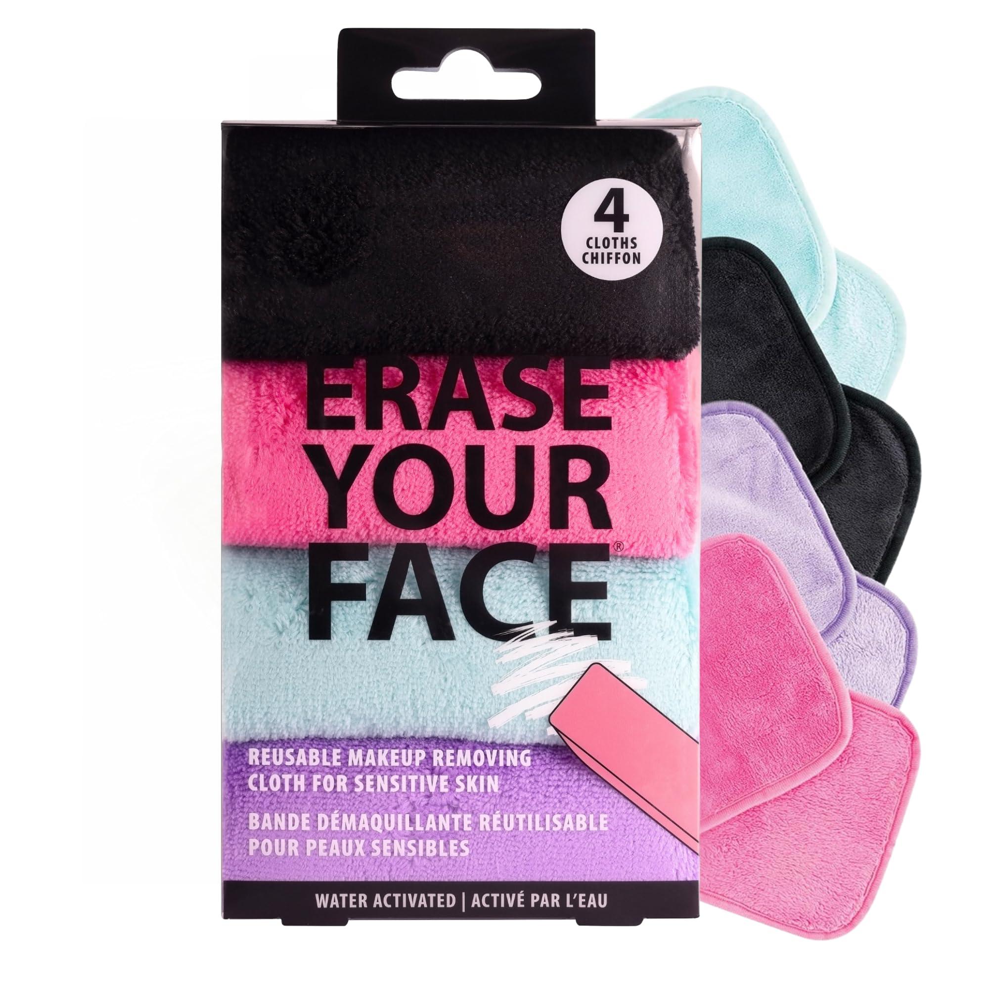 ERASE YOUR FACE ERASE YOUR FACE Makeup Remover Cloths - Reusable Microfiber Face Towels to Cleanse & Remove Makeup - Water Activated, Dual-Sided Design for Easy Use (4 Count)