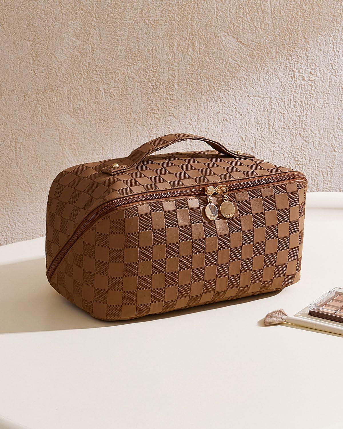 EACHY EACHY Travel Makeup Bag, Large Capacity Cosmetic Bags for Women, Waterproof Portable Open Flat Toiletry Bag Make up Bag with Divider and Handle, Gifts for Women (Plaid-Brown, Medium)