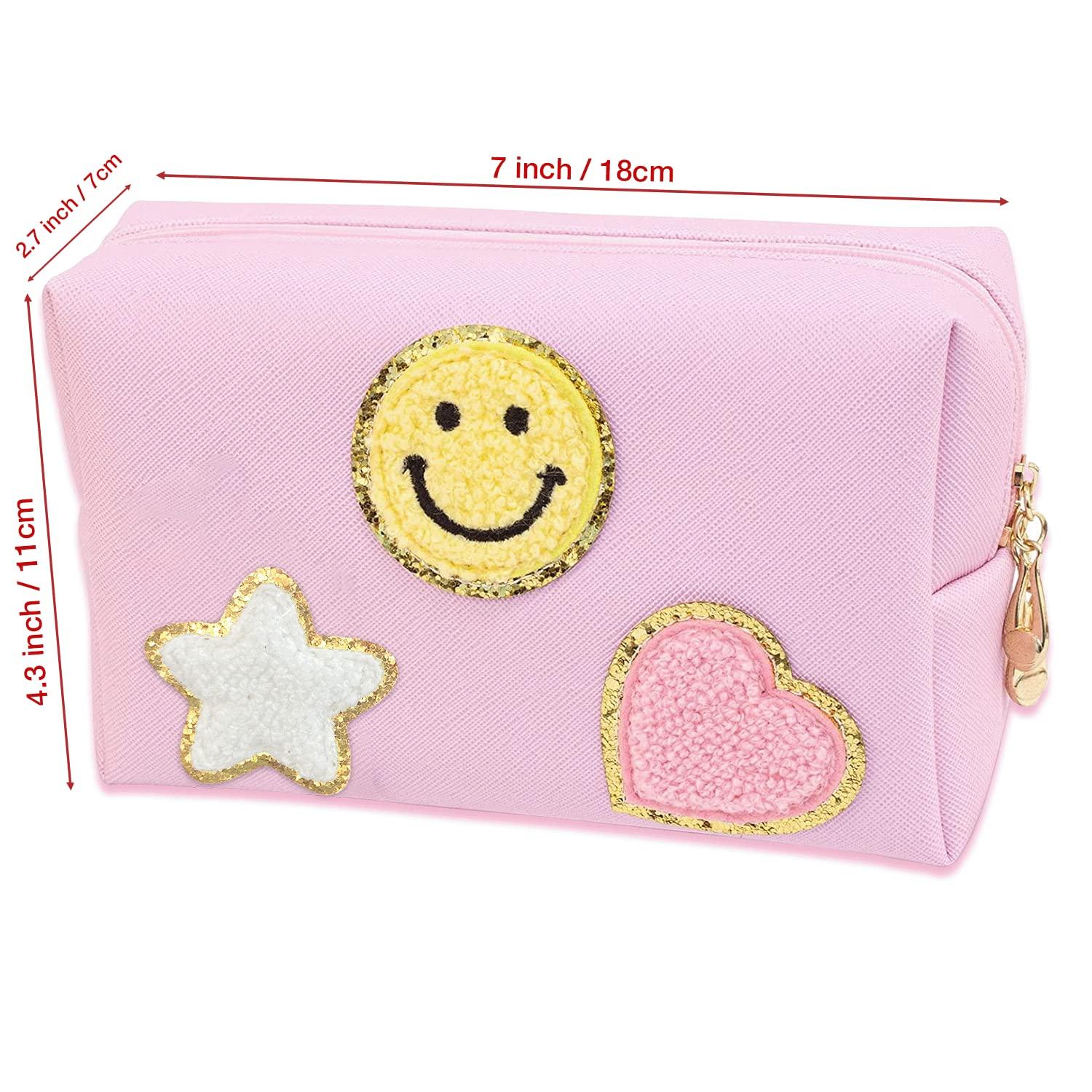 Nylea Nylea Preppy Stuff Patch Makeup Bag, PU Leather Smiley Face Makeup Bag Portable Waterproof Small Pouch, Daily Use Travel Cosmetic Pouch for Women Girls Gift (HOT PINK)