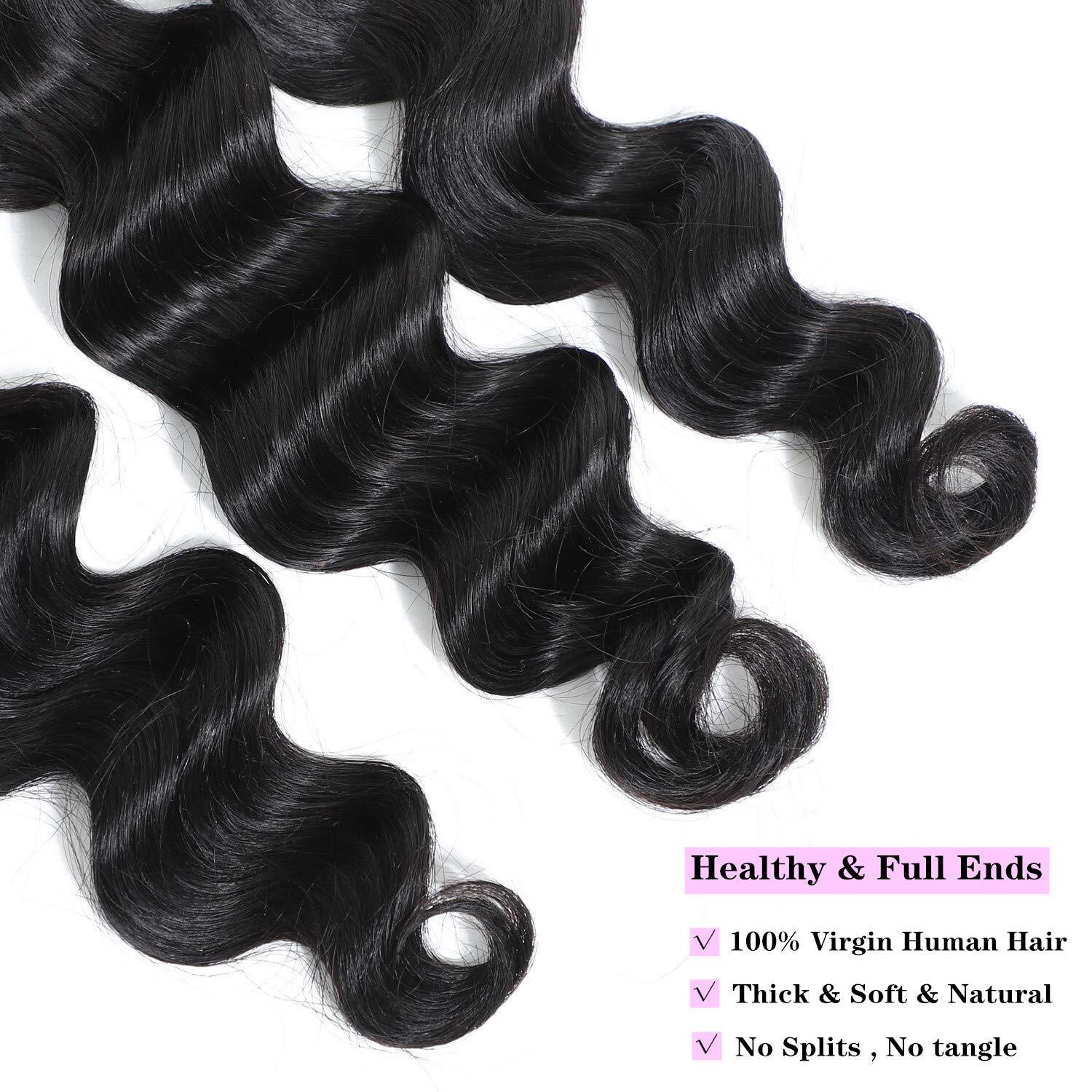 DONG H hair Peruvian Loose Deep Wave Bundles with Closure, (18 20 22 with 16 Closure) Long Loose Deep Curly Hair 10A Peruvian Virgin Human Hair 3 Bundles with 4x4 Top French Lace Closure with Baby Hair