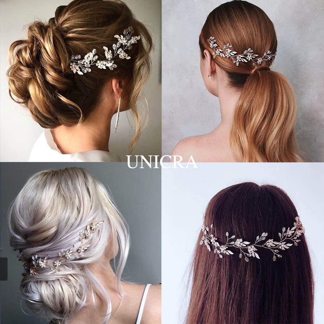 Unicra Unicra Leaf Wedding Hair Vine Flower Bridal Hair Piece Crystal Rhinestone Long Headband for Women and Girls (Silver)