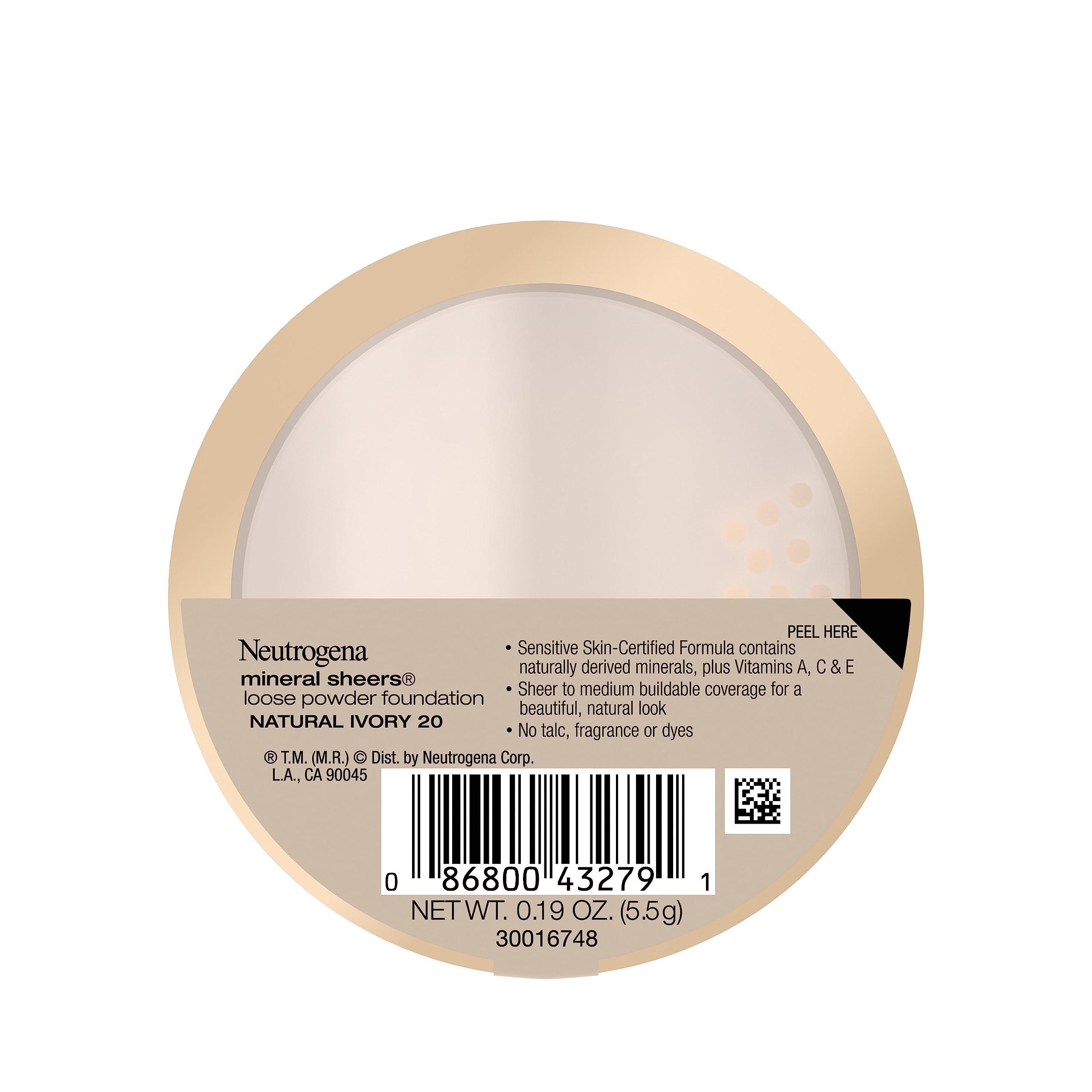 Neutrogena Neutrogena Mineral Sheers Lightweight Loose Powder Makeup Foundation with Vitamins A, C, & E, Sheer to Medium Buildable Coverage, Skin Tone Enhancer, Face Redness Reducer, Natural Ivory 20,.19 oz