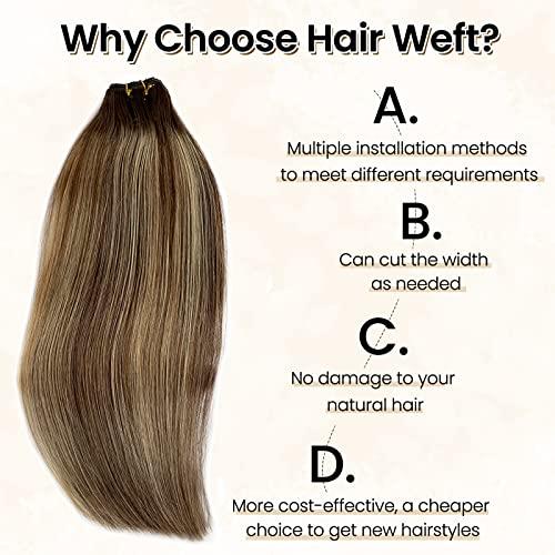 Benafee Hand Tied Weft Hair Extensions Human Hair 22 Inch 120 Gram Sew in Hair Extensions Real Human Hair Bundles Ombre Balayage Medium Brown to Honey Blonde Sew in Hair Bundles Real Human Hair Extensions