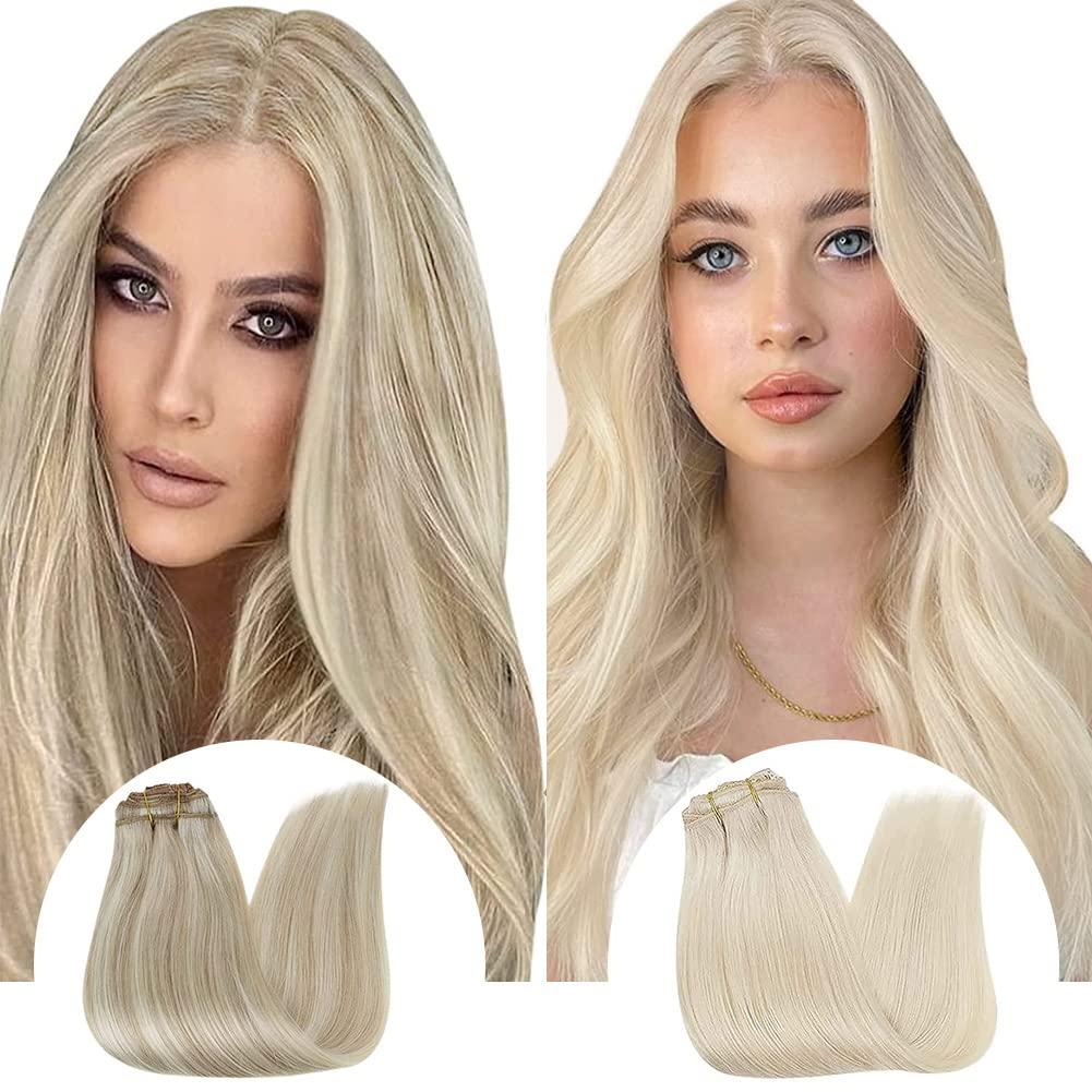 RUNATURE Blonde Hair Extensions Clip in Human Hair Highlighted Platinum Blonde Real Clip in Human Hair Extensions #18P60 and #60 14 Inch 105g
