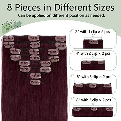 S-noilite S-noilite Clip in Hair Extensions Human Hair Clip in Human Hiar Short Wine Red Hair 8 Pieces 18 Clips 100% Real Human Hair Standard Weft Silky Full Head Straight 16"-90g Wine Red (#99J)