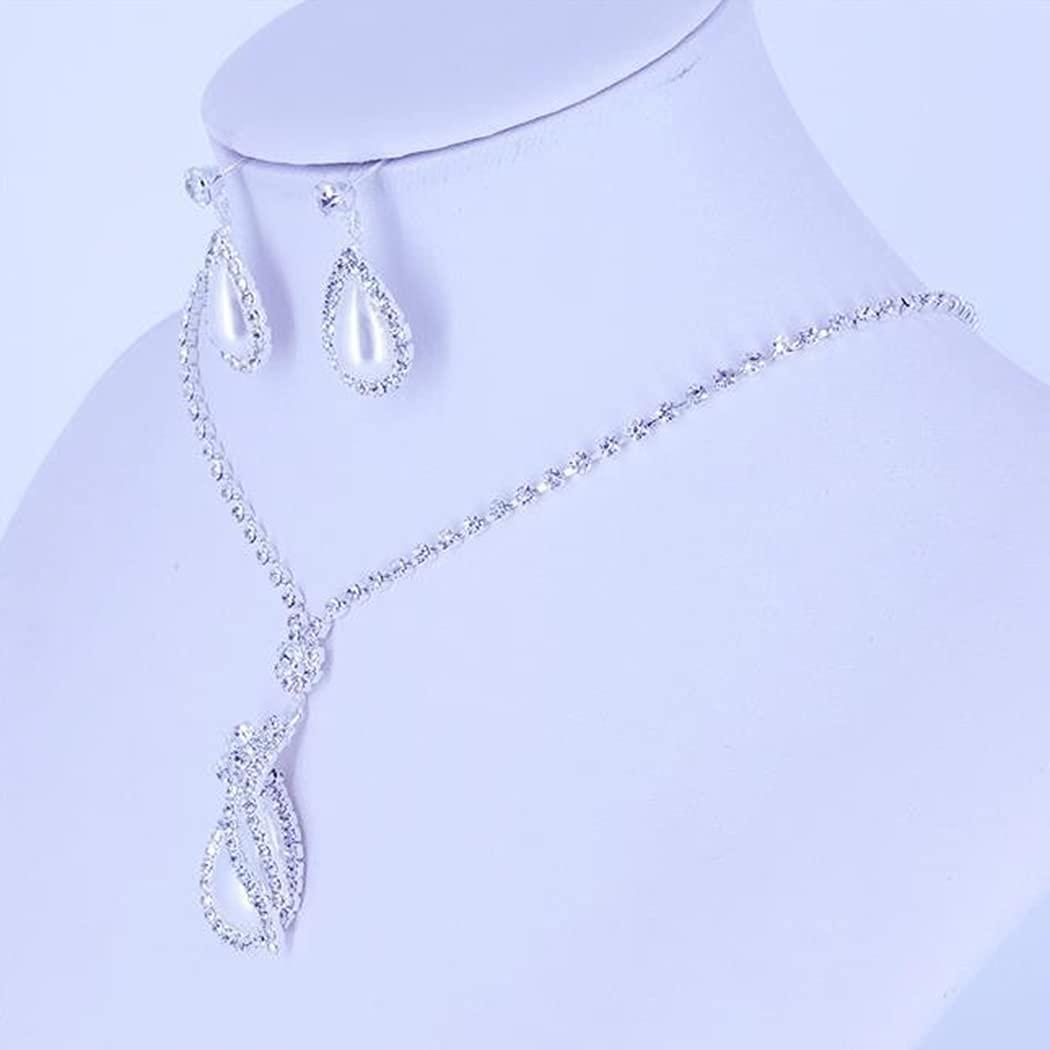 Yean Yean Bride Silver Necklace Earrings Set Crystal Bridal Wedding Jewelry Sets Rhinestone Choker Necklace for Women (Set 2)