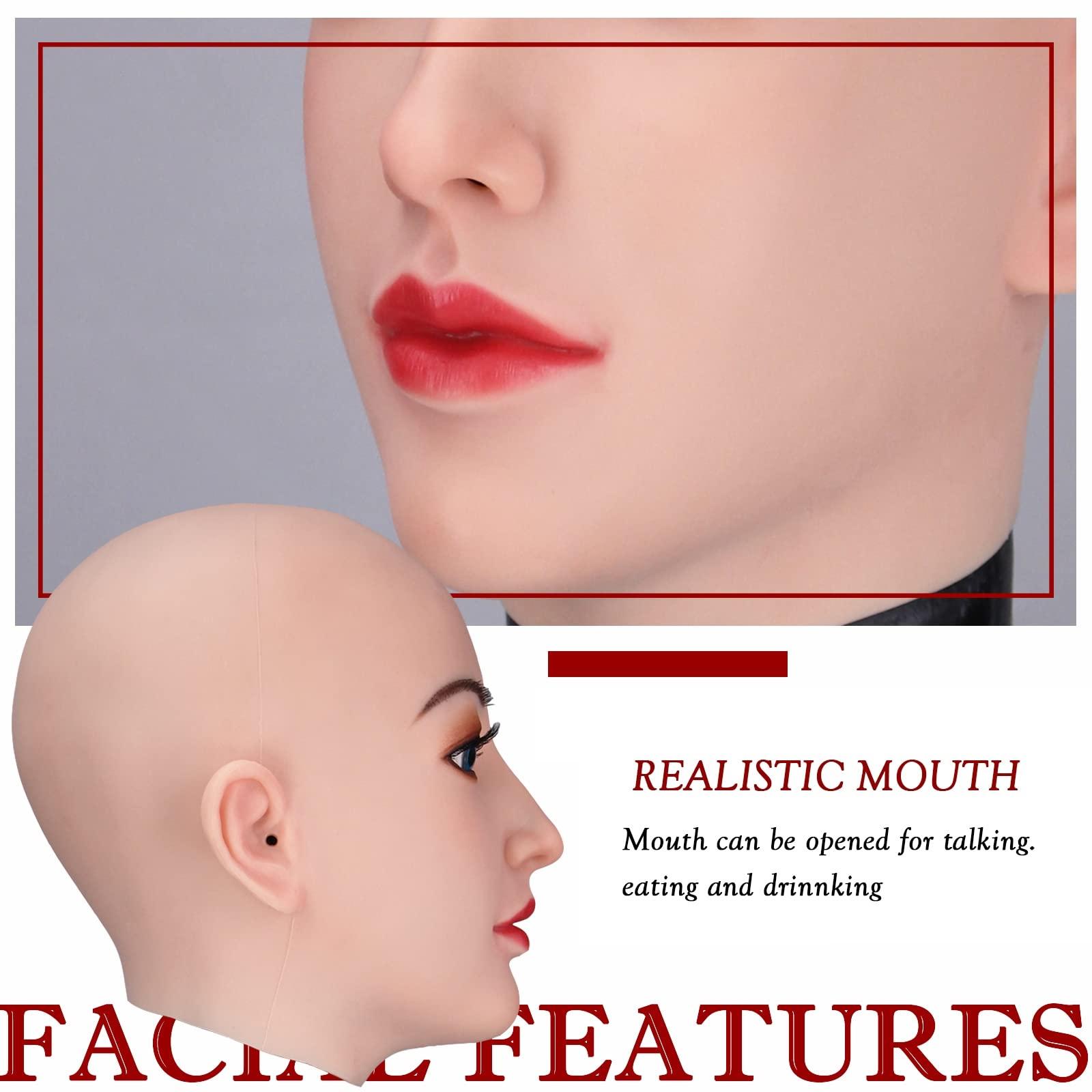 XSWL XSWL Full Silicone Female Head Mask Hand-Made Face with Makeup/Without Makeup for Halloween Costumes Drag Queen Disguise,Color 2,with Makeup