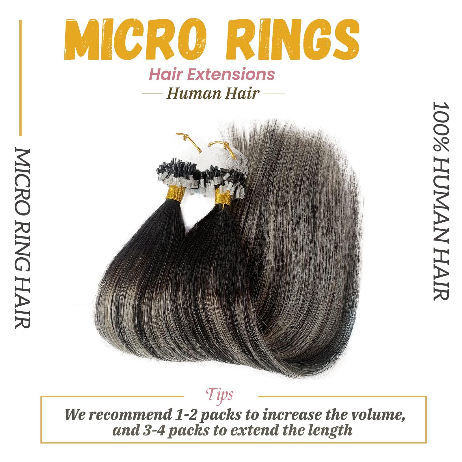 Smavida Ombre Black Hair Extensions Micro Loop Human Hair,Balayage Ombre Off Black to Grey Silver Remy Human Hair Extensions Ombre Long Straight Micro Ring Hair Extensions for Women 50g 1g/strand