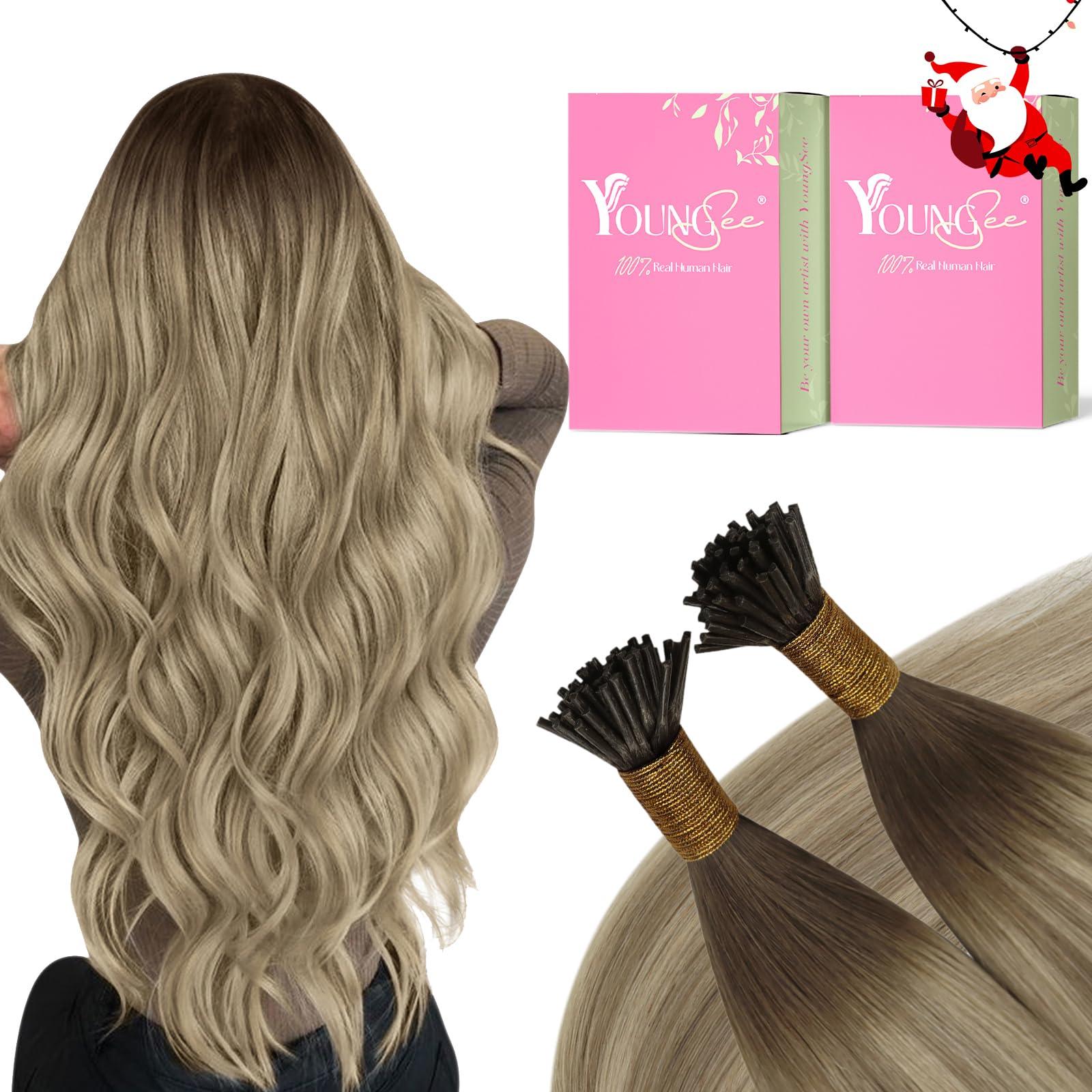 YoungSee YoungSee I Tips Hair Extensions Ombre Itips Hair Extensions Human Hair Ombre Dark Brown to Light Brown with Blonde I Tips Extensions Balayage 20In Real Human Hair I Tip Extension Volume-Adding 50s 50g