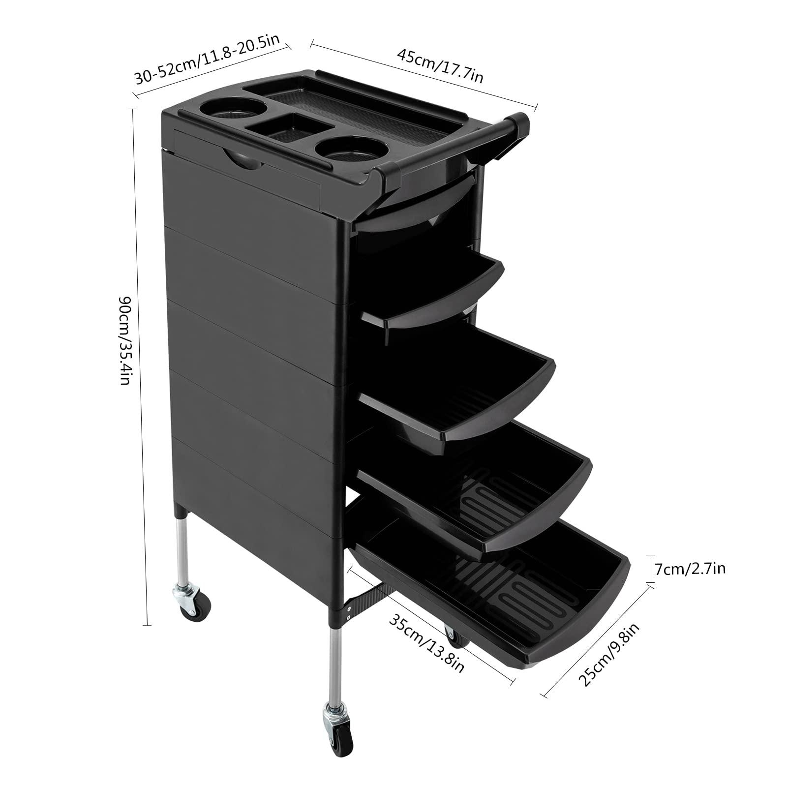 AGULIUM AGULIUM Salon Trolley,Salon Beauty Trolley Cart Storage Organizer, 5 Drawers and 2 Hair Dryer Holder Side Tray with Handle and Rolling Wheels(Black)