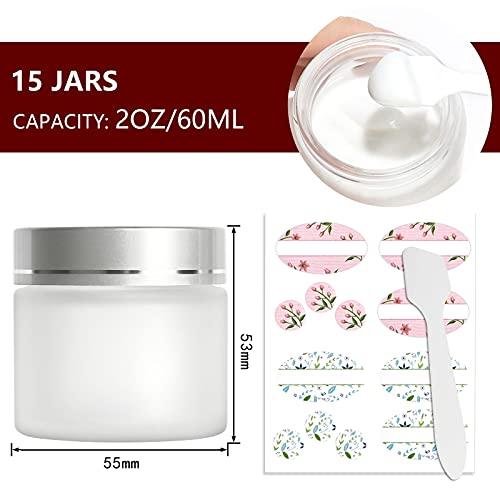 Betrome 15 Pack, 2 oz 60ml Frosted Glass Jars with Silver Lids & Inner Liners, Empty Matte Clear Round Refillable Cosmetic Containers Travel Jars for Cosmetics,Body Butter,Scrubs,Face Cream Lotion and More