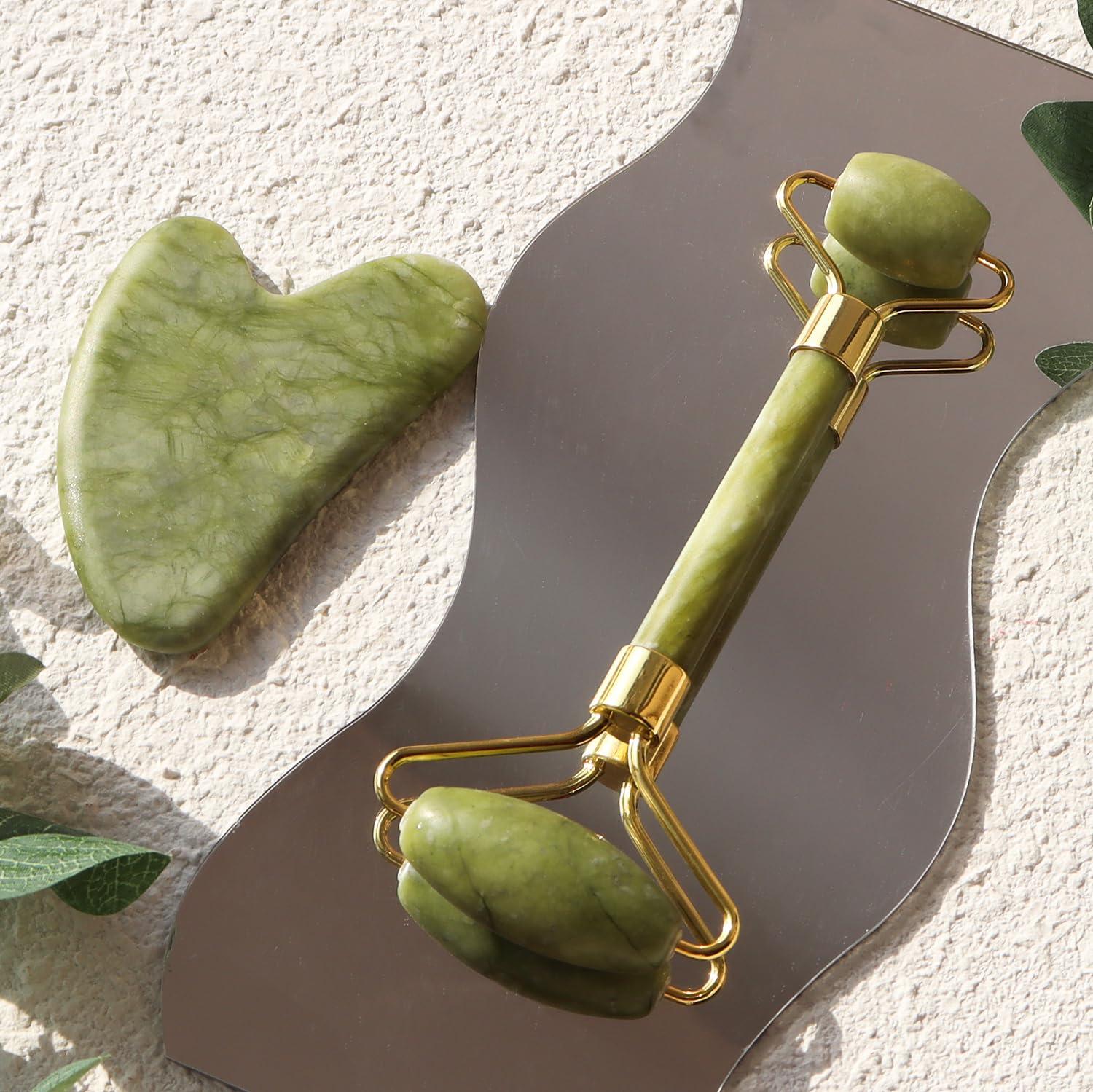 huefull huefull Genuine Jade Roller & Gua Sha Set for Face, Cooling & Firming Effect, Sculpting Tool for Jawline & Skin Care, Self-Care Gift for Women & Men