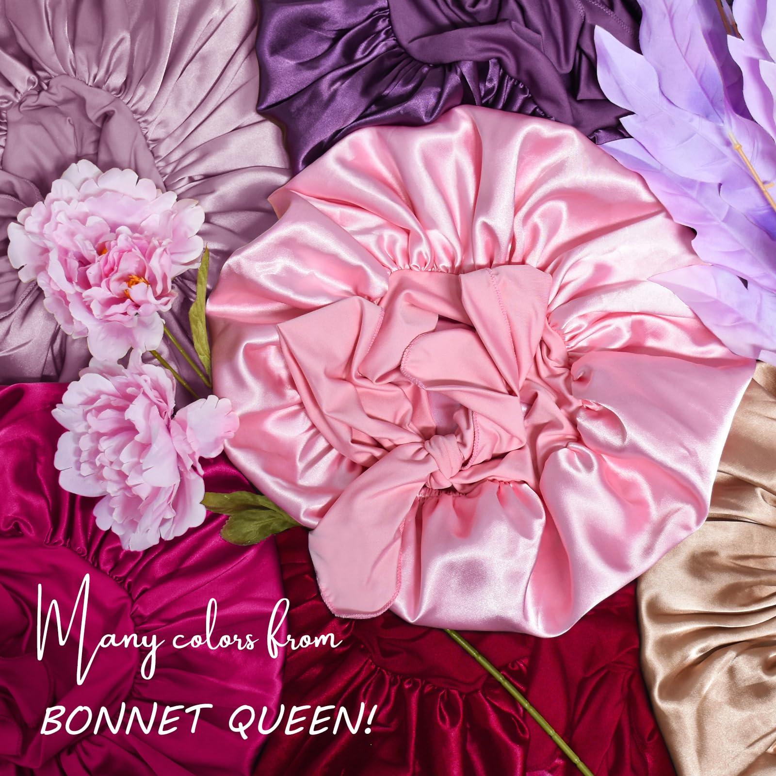 BONNET QUEEN BONNET QUEEN Large Silk Sleeping Bonnet Satin Adjustable Big Bonnet for Curly Hair Braids Night Hat Cap Wrap with Tie Band Rose