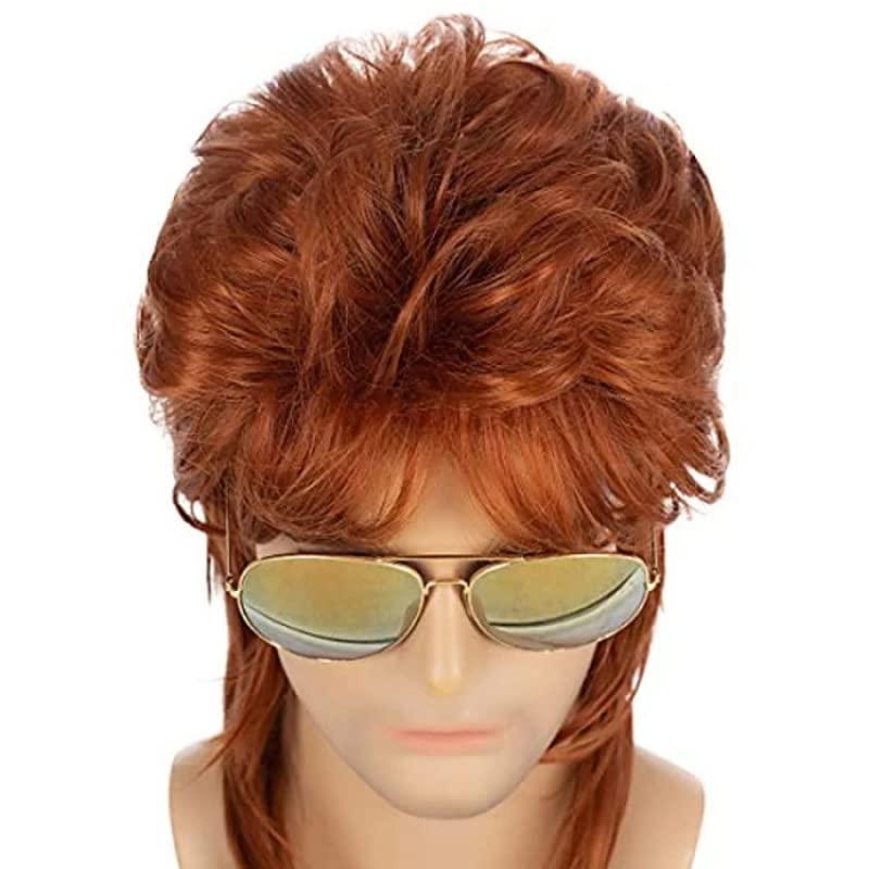 Weiara Mullet Wigs for Men, 80S Long Hair Curly Orange Wig 70S Curly Disco Punk Rock Ginger Wig for Halloween Cosplay Christmas Party